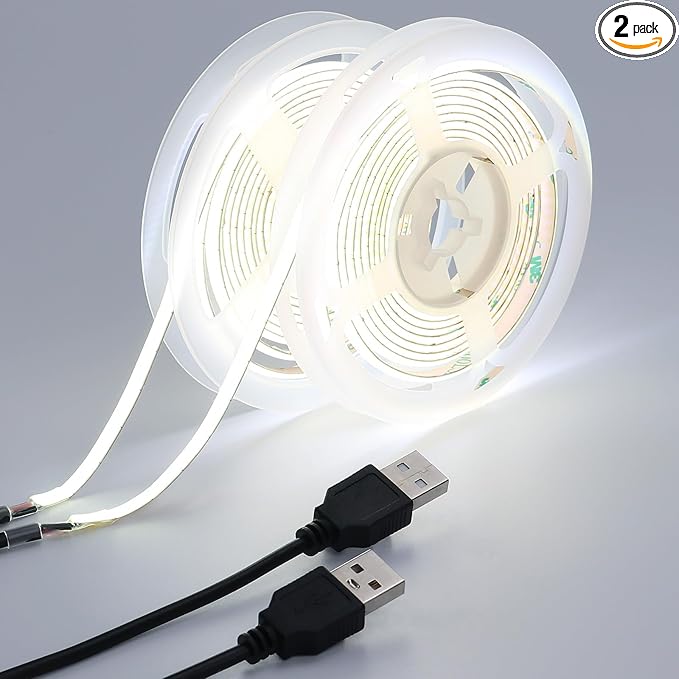 GOMING 5V COB USB LED Strip Light Cool White 6000K 5mm Width USB Powered 13.12ft/4M 400LEDs/M Flexible High Brightness IP20 Not Waterproof LED Tape Lights for DIY Decoration Lighting(2pcs x 6.6ft)