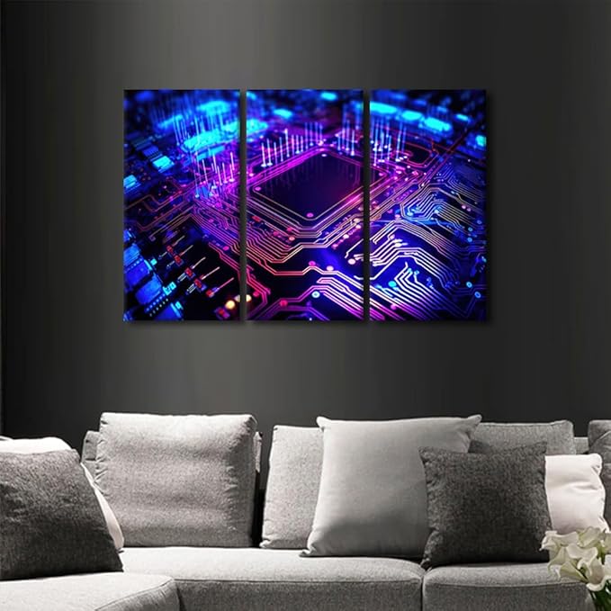 TUMOVO Wall Art for Living Room Circuit Board Canvas Wall Art Semiconductor Chip Artwork for Home Walls Large Wall Decor Chip Modern Home Decor Stretched and Framed Ready to Hang 3 Pieces, 36" Wx24 H