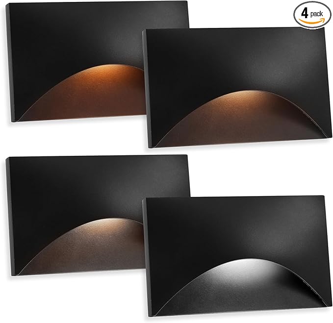 Energetic 120V LED Stair Lights - 2200K/2700K/3000K/4000K/5000K Indoor Step Lights, 3W Outdoor Stairway Lights, CRI90, ETL Listed, Wet Location, Aluminum, 5CCT, Black, Pack of 4