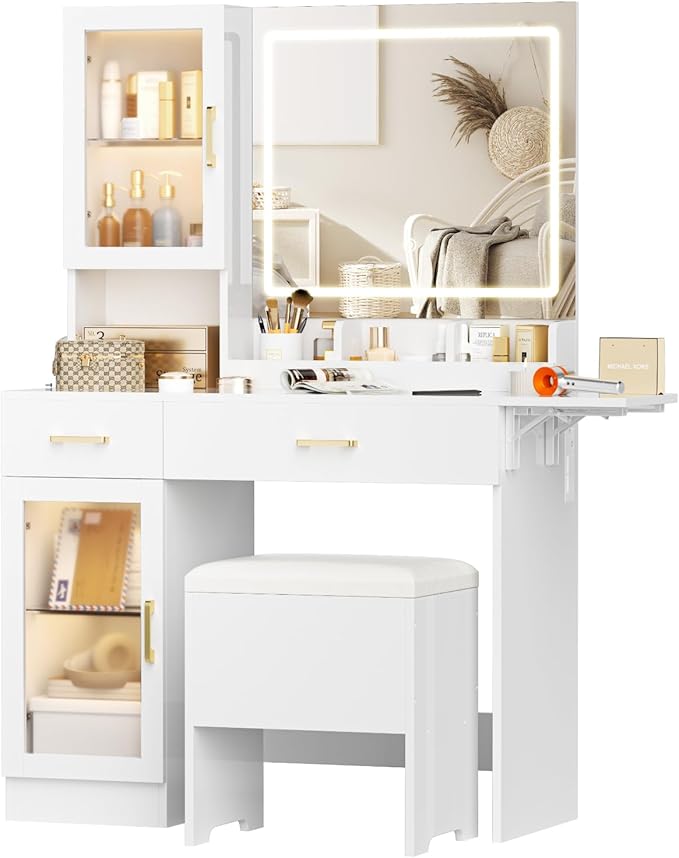 NUNU LAB White Vanity Desk with Mirror and Lights, Makeup Vanity Set with Storage Shelf and Drawers, Bedroom Dressing Table with RGB Cabinets, Cushion Stool for Women, Girls, Teens (052 White)