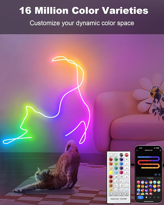 echosari Smart RGBIC LED Strip Lights, 33Ft Neon Rope Lights Work with Alexa and Google Assistant, Neon Strip Lights with Music Sync App/Remote Control, Multiple Modesfor Bedroom DIY Wall Decor