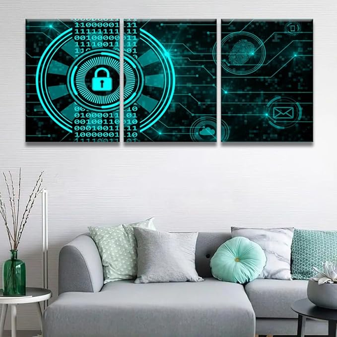 LSIUHWUWI Modern Wall Art 3 Piece Secure Technology Concept Padlock Binary Code Hud Posters for Wall Decoration, Connecting Lines Fingerprint Cloud Mail Artwork Framed Ready to Hang, 12x16inchx3
