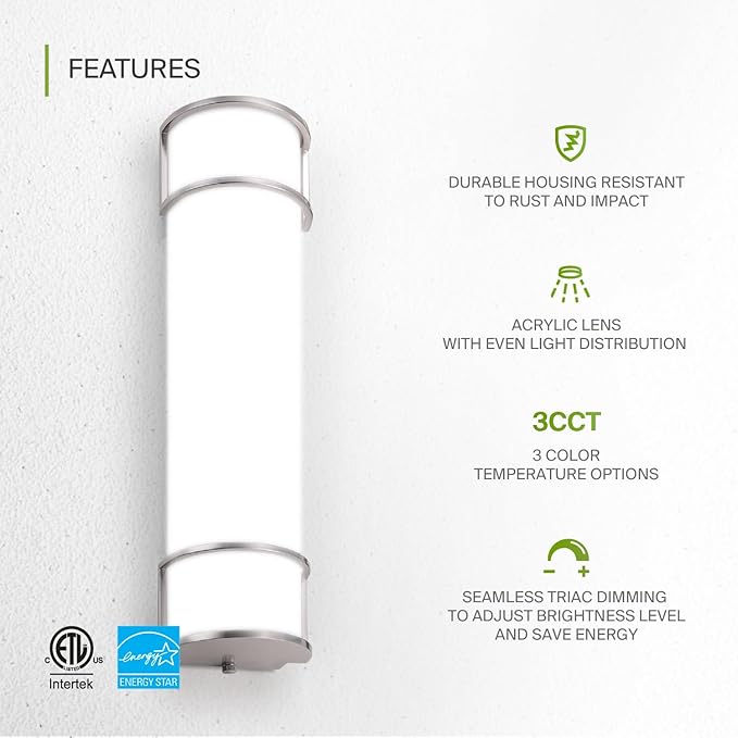 ASD LED 24" Vanity Flush Mount Light Fixture, Linear Bathroom Lighting Bar | 3CCT, Dimmable, Energy Star, ETL Listed | 25W 1950LM 3000-5000K 120V | Long Bath Wall Sconce Over Mirror | Nickel, 4 Pack