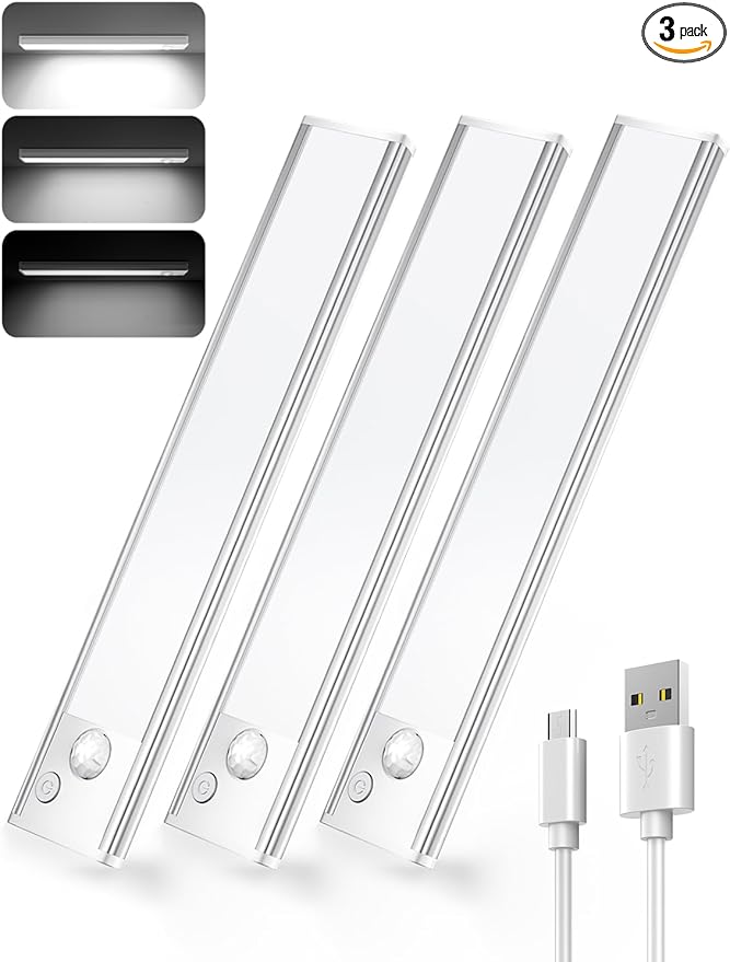 Under Cabinet Rechargeable Lighting: 12 Inch Motion Sensor Dimmable Lights Indoor - Battery Operated Lights - Wireless Closet Light Magnetic Led Light for Kitchen Home Bathroom Counter 3 Pack
