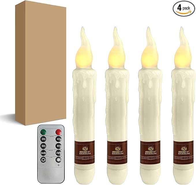 Ivory White Flameless Short Taper Candles, Real Wax Hand Dipped LED Battery Operated with Remote, Flickering Flame Lights for Festival Home Décor, 6.7 Inch Primitive Flameless Candles, 4PCS