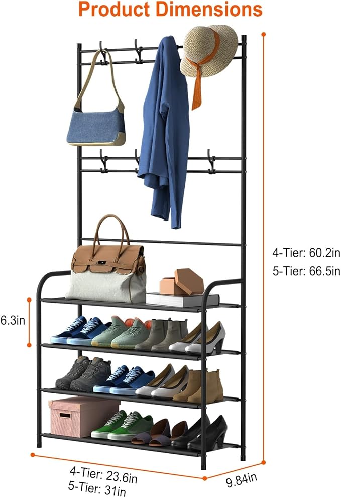 iMounTEK Coat Hat Rack Shoe Storage Shelf Rack Freestanding Hall Tree Garment Hanger Stand Clothes Organizer/4 Tier