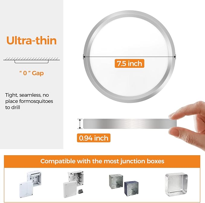 8PACK LED Flush Mount Ceiling Light Fixture, 3000K-4000K-6500K & 100W Equivalent Modern Kitchen Recessed Ceiling Lamp 15W 1500Lm 7.5 Inch Closet Round Surface for Bathroom Laundry-Brushed Nickel