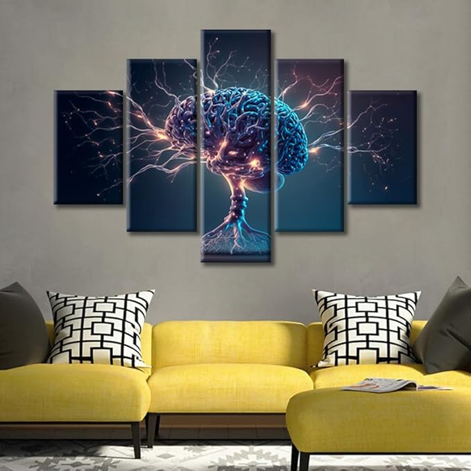 5 Piece Brain Wall Pictures for Living Room Human Brain Painting on Canvas Wall Decor Art Neuronal Impulses Bedroom Wall Art Framed Ready to Hang, (60"Wx40"H)