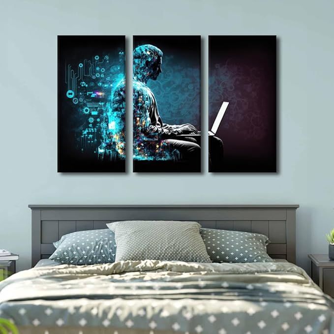 AI Wall Art for Living Room 3 Piece Internet of Things Canvas Printing Posters Digital Software Development Picture, Modern Artwork for Living Room Decor Ready to Hang, 42"Wx28"H