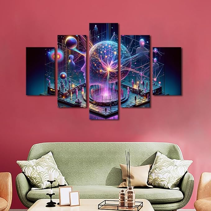 5 Panel Human Brain Wall Art for Living Room Artificial Intelligence Canvas Picture for Bedroom Wall Decor Neural Network Painting House Decorations for Room Office Posters and Prints 60"Wx40"H