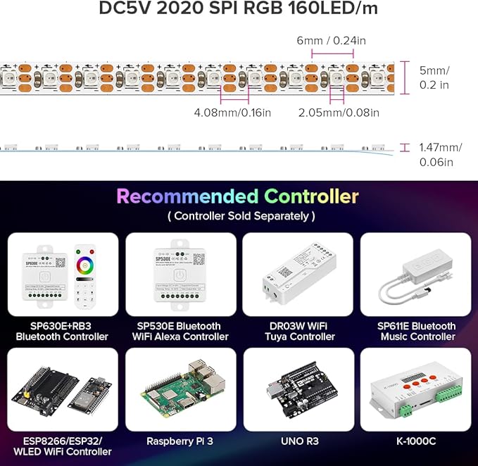 BTF-LIGHTING WS2812B IC RGB 5mm Ultra Narrow LED Strip 2020SMD DC5V Individually Addressable 3.2FT 160Pixels/m 160LED Dream Color Tape Light for Home DIY Decoration IP30 (No Adapter or Controller)