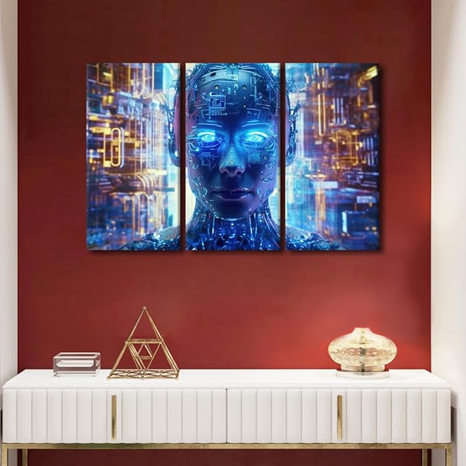 TUMOVO Artificial Intelligence Wall Art 3 Panel AI Art for Business and Technology Pictures Print on Canvas Wall Decor for Living Room Bedroom, Stretched Framed Ready to Hang, 42" Wx28 H