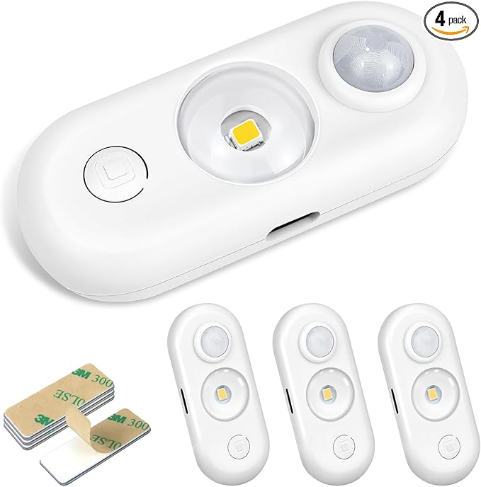 LED Motion Sensor Light Indoor, Magnetic Under Cabinet Lighting Warm White, Dimmable Rechargeable Puck Lights for Closet, Kitchen, Stairs(4 Pack)