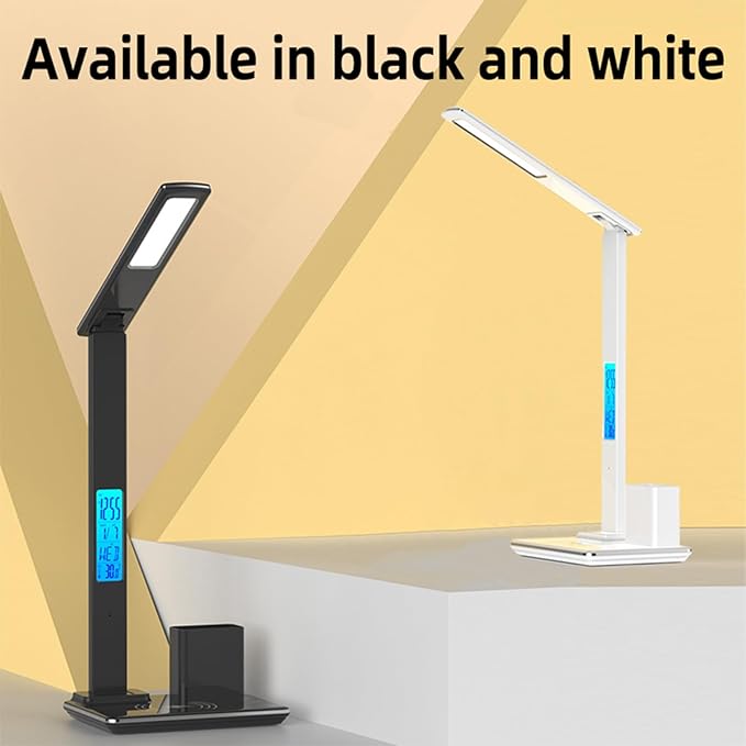Multi-Function Desk Lamp with Display&15W Wireless Charger,3 Color Temperatures,Touch Control,Foldable Design,Built-in Clock,Calendar,Thermometer,Alarm,HYT1771 Black.
