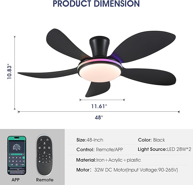 PHORUS 48" RGB Ceiling Fans with Lights and Remote/APP,Black Low Profile Ceiling Fans with Quiet Reversible DC Motor,Modern Flush Mount Fans Light for Bedroom Kids Room