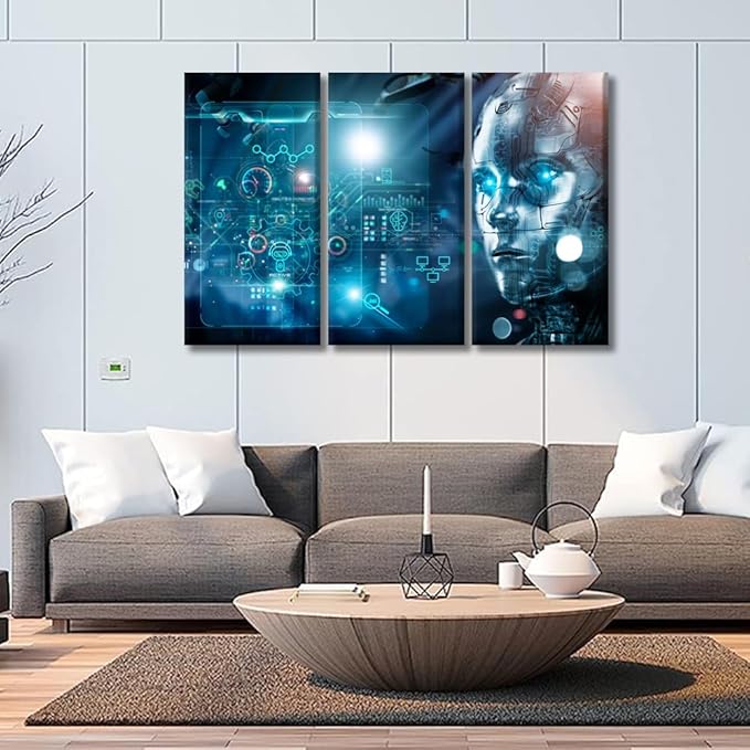 Bedroom Wall Art 3 Panels Machine Learning, Data Exchange, Deep Learning, Industry 4.0 Posters Print on Canvas Wall Decor for Living Room Bedroom, Stretched and Framed Ready to Hang, 20x40inchx3