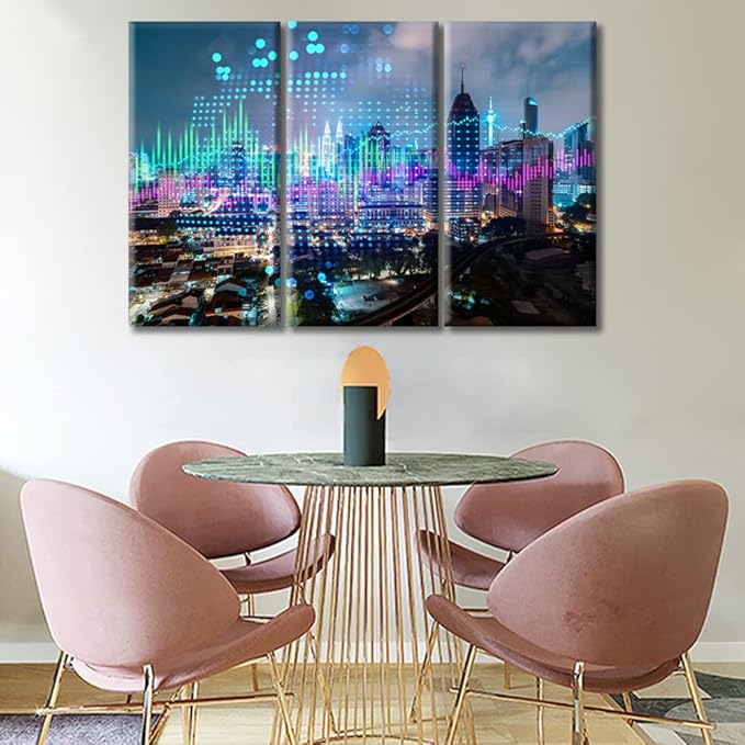 3 Panel Wall Art Stock Market on Display Paintings Modern Home Decor Stock Market Graph Hologram Night Panorama City View Pictures Wall Decor Living RoomArtwork Framed Ready to Hang (42"Wx28"H)