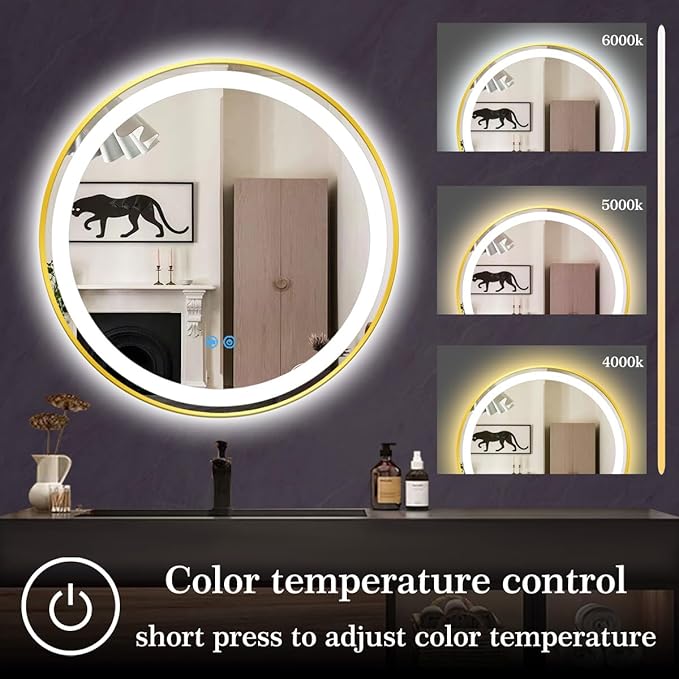 32 inches Round Gold Frame LED Bathroom Mirror, Wall Mount Home Mirror with 3 Color Dimmable Lights, Anti-Fog Smart Touch Sensor Mirror