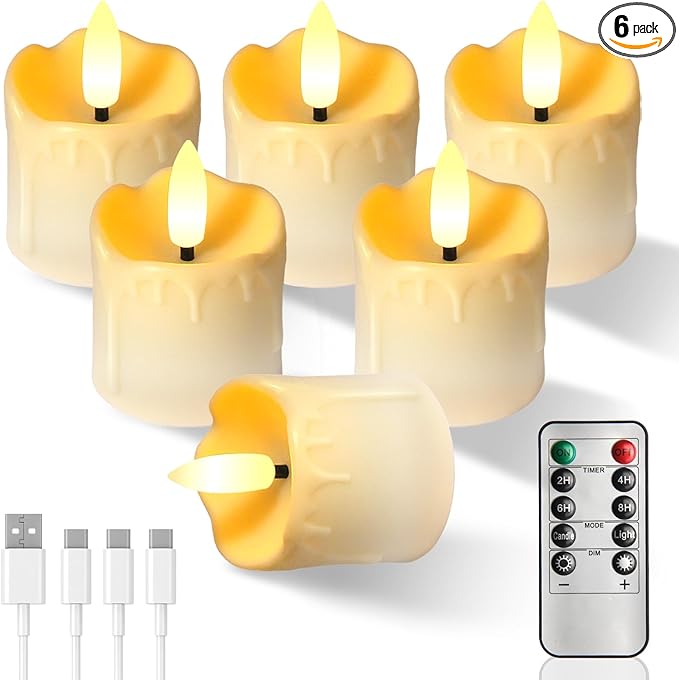 Rechargeable Flameless Tea Light Candles with Remote, 1.5"x2.2" Dripping Fake Electric Flickering Votive Candles for Anniversary Wedding Table Centerpiece Halloween Christmas Decor, Ivory White 6 pack