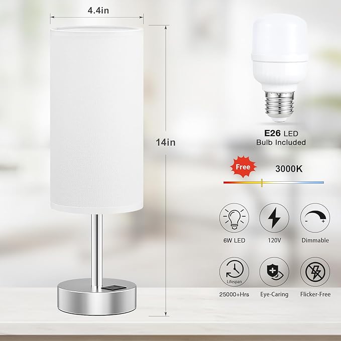 Dicoool White Touch Bedside Lamp with USB - 3 Way Dimmable Table Lamp for Bedroom, Nightstand Lamp with Nickel Charging Station and Silver LampHolder for Dorm Kids Room, Small