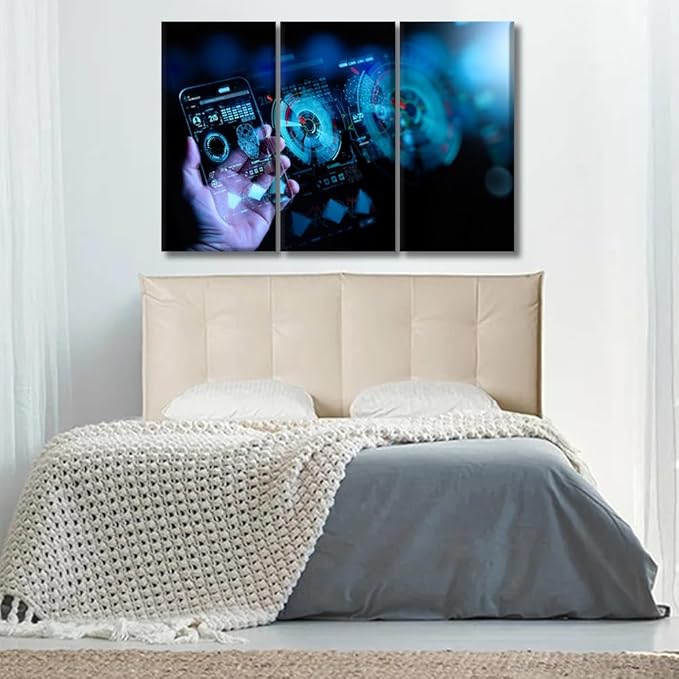 LSIUHWUWI Bedroom Wall Decor 3 Panel Wireless Mobile Internet Technology 5G LTE Data Connection Print on Canvas Artwork for Living Room Bedrooms Wall Decorations Ready to Hang, 20x40inchx3
