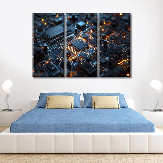 Motherboard Digital Chip Wall Art Canvas Prints Computer Processors CPU Pictures Painting Chip Advanced Circuitry Canvas Paintings Ready to Hang for Home Decorations Wall Decor 60"Wx40"H