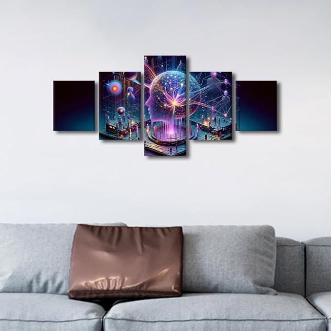 TUMOVO 5 Panel Human Head with Glowing Neurons in Brain Wall Art Ai Generative Canvas Painting Human Brain Pictures for Living Room Wall Decoration Posters and Prints for Bedroom Office 50" Wx24 H