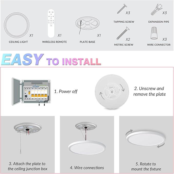 Smart RGB LED Ceiling Light with Remote, 12" WiFi Flush Mount Ceiling Light Works with Alexa & Google Home, 24W=2400LM Dimmable, DIY Colors & 2700K-6500K, for Bedroom Living Room, 1 Pack