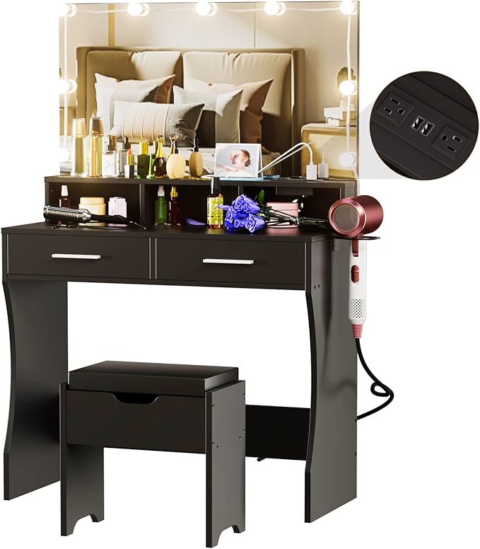 Makeup Vanity with Lighted Mirror & Outlet Charging Station, Vanity Set Makeup Table with Hair Dryer Holder, 3 Lighting Colors, Brightness Adjustable, 31.5in(W)