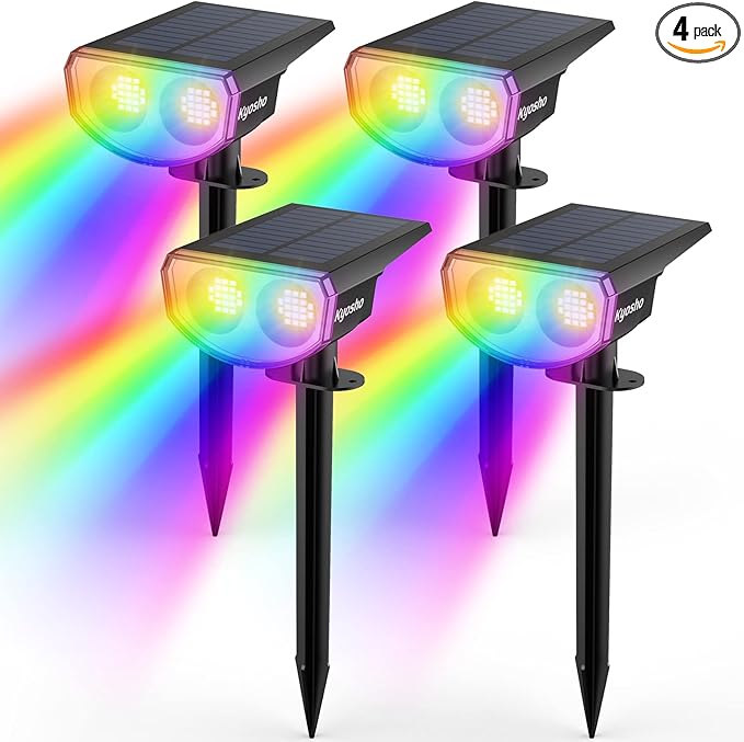 Kyosho Color Changing Solar Outdoor Lights, 9 Lighting Modes Halloween Christmas Lights, Waterproof RGBW Multicolor Solar Spotlight for Tree Pool Garden, 4 Pack