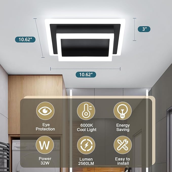 Modern LED Ceiling Light, Hallway Flush Mount Ceiling Light, 32W, 6000K, Black Square Hallway Lighting Fixtures for Living Room Kitchen Bedroom (Black)