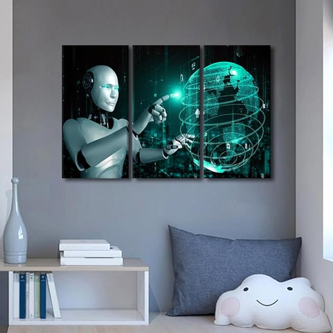 Wall Decorations for Living Room - AI Intelligence Wall Art Canvas Print Robot Paintings AI Art Prints 3 Pieces Framed Wall Art Home Office Decor Modern Artwork Ready to Hang, 42" Wx28 H