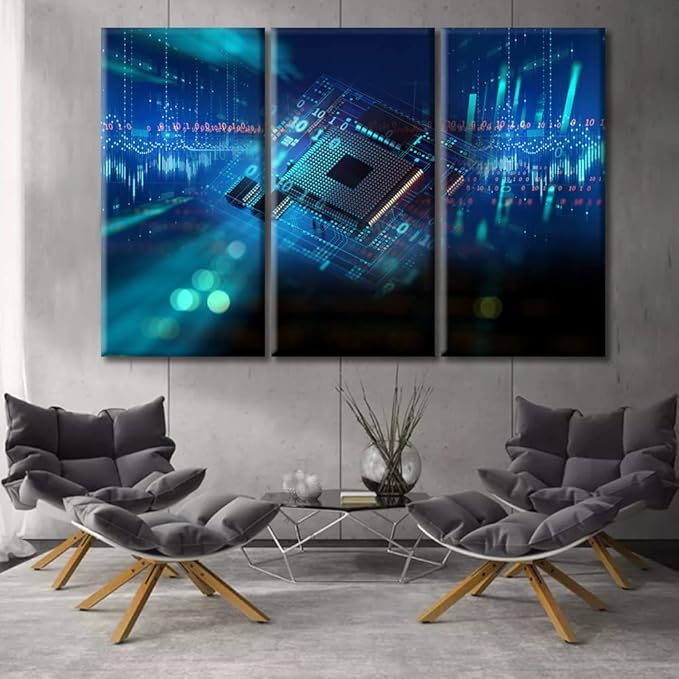 TUMOVO Wall Decor CPU Concept Wall Art Abstract Futuristic PCB Pattern and CPU Artwork Pictures Wall Decor for Living Room 3 Piece Contemporary Home Decor Print on Canvas Ready to Hang (60" Wx40 H)