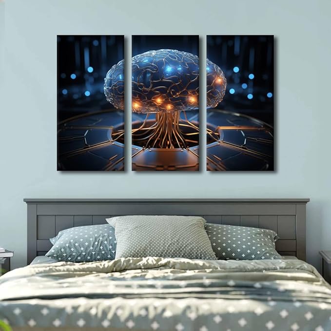 3 Pieces Robot Brain Canvas Wall Art Artificial Intelligence Pictures Print On Canvas for Wall Decoration, Modern Wall Artwork Wooden Framed Gallery-Wrapped Ready to Hang, 42" Wx28 H