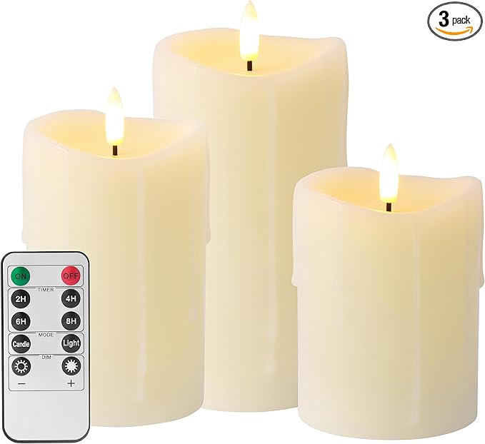 Ivory Flameless Candles with Remote and Timer, Real Wax Made Wax Drip LED Pillar Candles Battery Operated with 3D Flickering Flame Melted Top - 3" x 4",5",6" - Set of 3