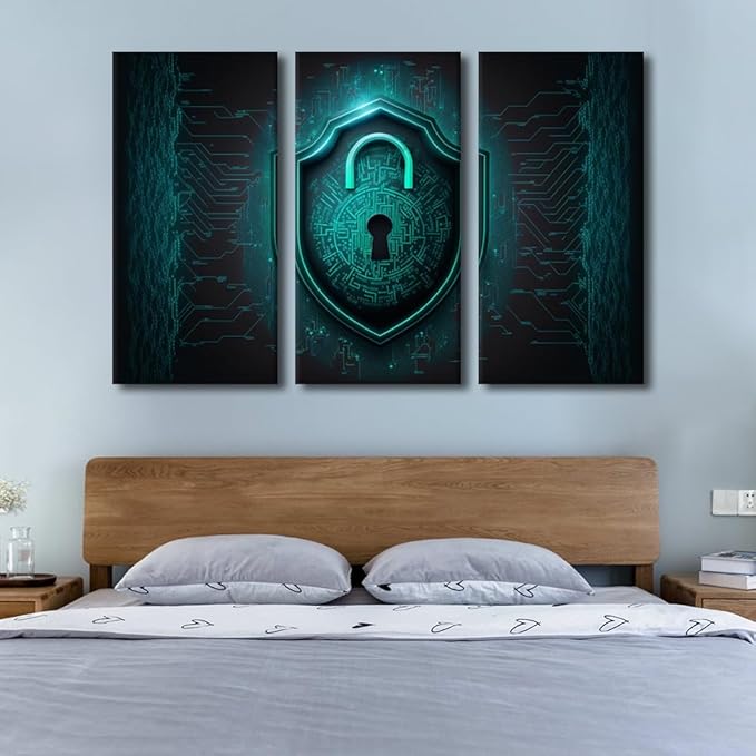 3 Panel Framed Wall Art Data Security Protection Cybersecurity Internet Network Locker Technology Posters Picture Print on Canvas for Bedroom Living Room, Framed Ready to Hang, 60" Wx40 H
