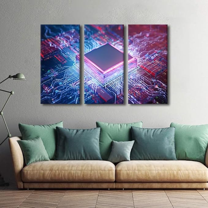 TUMOVO 3 Panel Canvas Wall Art Motherboard Digital Chip Modern Artwork Wall Decor CPU Concept Pictures Bathroom Decor Wall Art Circuit Board Bedroom Print on Canvas Framed Ready to Hang(24" Wx36 H)