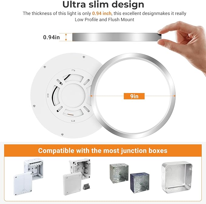 slochi 1Pack LED Flush Mount Ceiling Light Fixture, 9 Inch Light Fixture, 3000K-4000K-6500K Round Flat Bedroom Lights, Closet Round Surface for Bathroom Laundry Bedroom Hallway