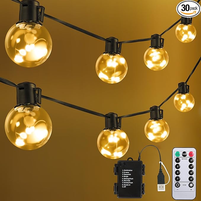 Outdoor String Lights Battery Operated, 22ft 20 G40 Warm White LED Bulbs Hanging Lights Dimmable with Timer, IP65 Waterproof & Globe Bulb Shatterproof for Indoor Patio Backyard Balcony Decor