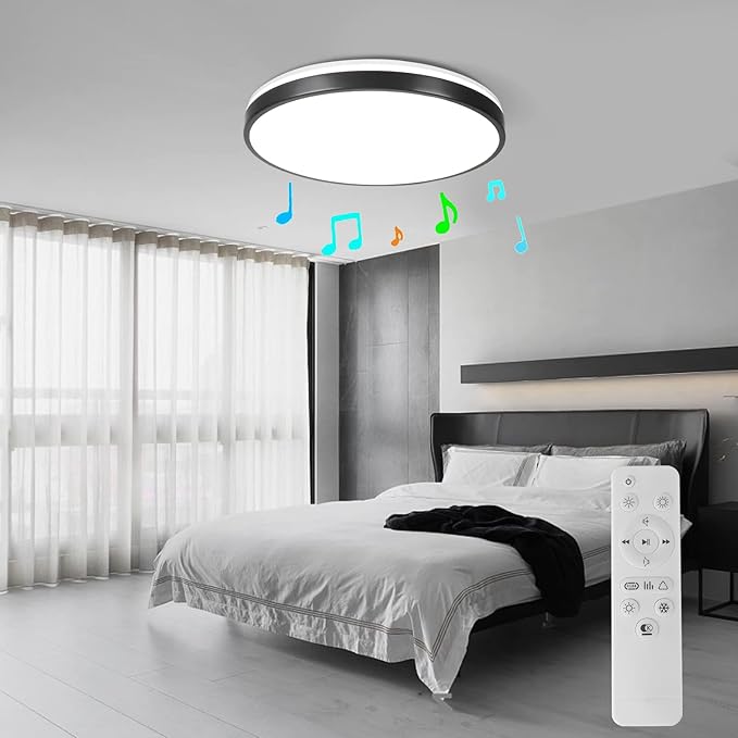 HOREVO 24W LED Ceiling Lamp Black Flush Mount Ceiling Light Fixture with Bluetooth Speaker with Remote Control,RGB Color Changing Light for Bedroom,Living Room,Kid's Rooms,Kitchen.(Need Wired)