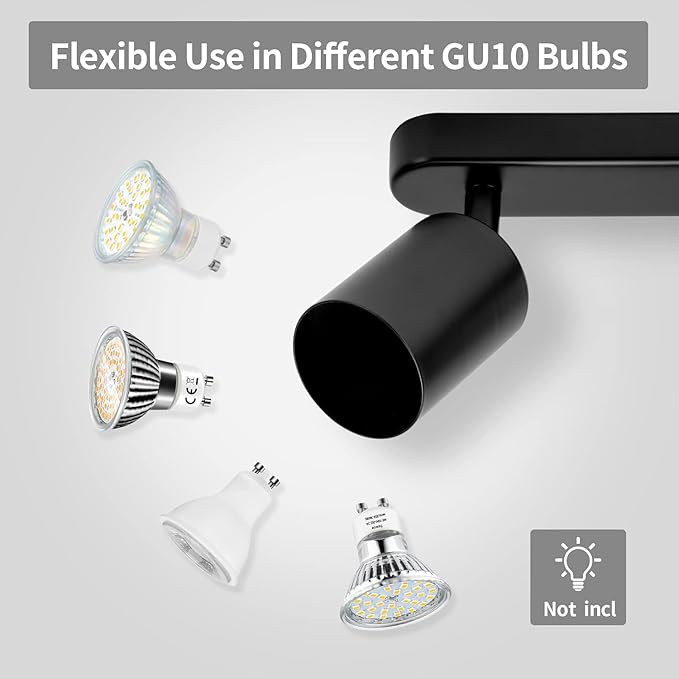 4 Way Track Lighting Kit Flexibly Rotatable Track Light Ceiling Kitchen LED Ceiling spot Light for Bedroom, Picture Wall, Hallway, Office, Bar, GU10 Socket (Black-4)