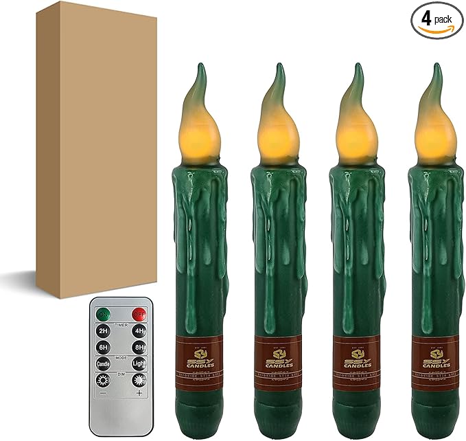 Dark Green Flameless Short Taper Candles, Real Wax Hand Dipped LED Battery Operated with Remote, Flickering Flame Lights for Festival Party Home Décor, 6.7 Inch Primitive Flameless Candles, 4PCS