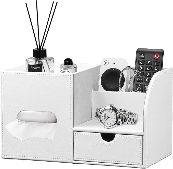 Square Tissue Box Cover with Tray and Organizer,Multi-Functional Decor Cube Tissue Box Holder,Tissue and Remote Control Holder,for Vanity,Nightstand,Bathroom,Home,Office