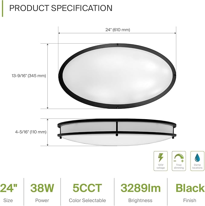 ASD LED 24" Oval Flush Mount Lighting, Close to Ceiling Light Fixture | 5CCT, Dimmable, ETL Listed | 38W 3289LM 2700-5000K 120V | Low Profile Double Ring Lamp | Black, 2 Pack