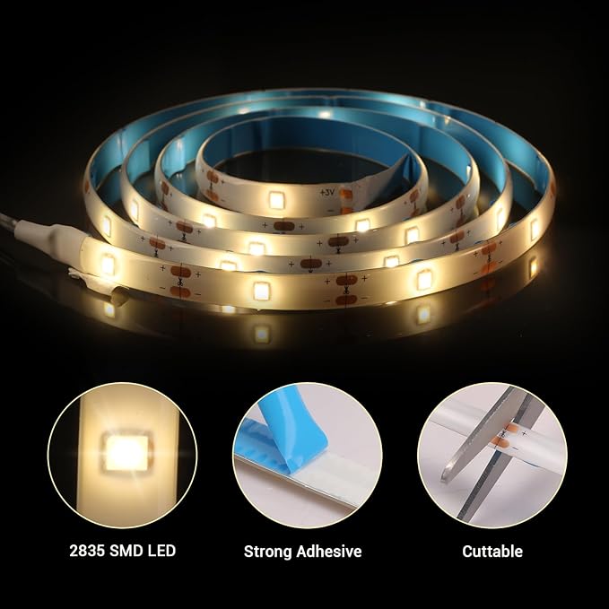 Battery Operated Led Strip Lights Warm White, Self-Adhesive, Cuttable, Waterproof, 3.3FT 30Led Strip Lights for PC TV Bedroom Kitchen Cabinet Cupboard Shelves Decor