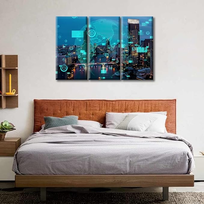 TUMOVO 3 Piece Smart City and Information Technology Abstract Canvas Paintings Artificial Intelligence Versus Big Data Pictures for Bedroom, Bathroom, Office. Ready to Hang (36" Wx24 H)