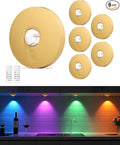 Rechargeable RGB Puck Lights with Remote Control, 1500mAh Battery Operated Push Lights, Dimmable & Timer Under Cabinet Lighting for Closet, Bedroom, Kitchen Gold 6Pcs
