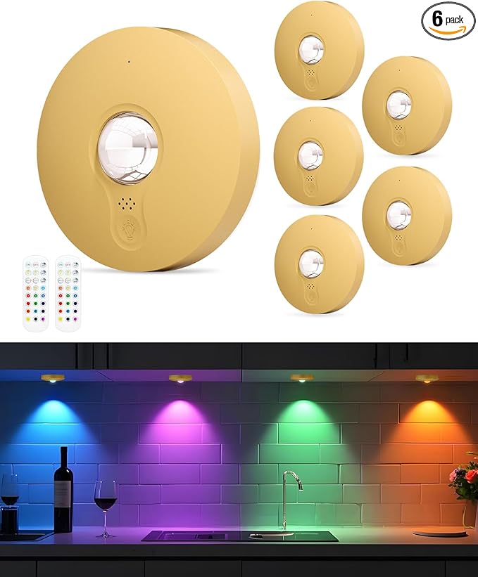 Rechargeable RGB Puck Lights with Remote Control, 1500mAh Battery Operated Push Lights, Dimmable & Timer Under Cabinet Lighting for Closet, Bedroom, Kitchen Gold 6Pcs