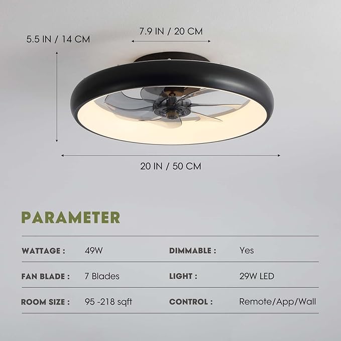 Ceiling Fans with Lights and Remote, 20'' Low Profile Flush Mount, 6 Wind Speeds, Modern Dimmable LED Ceiling Fan, Smart Ceiling Fan for Bedroom, Kids Room (Black)