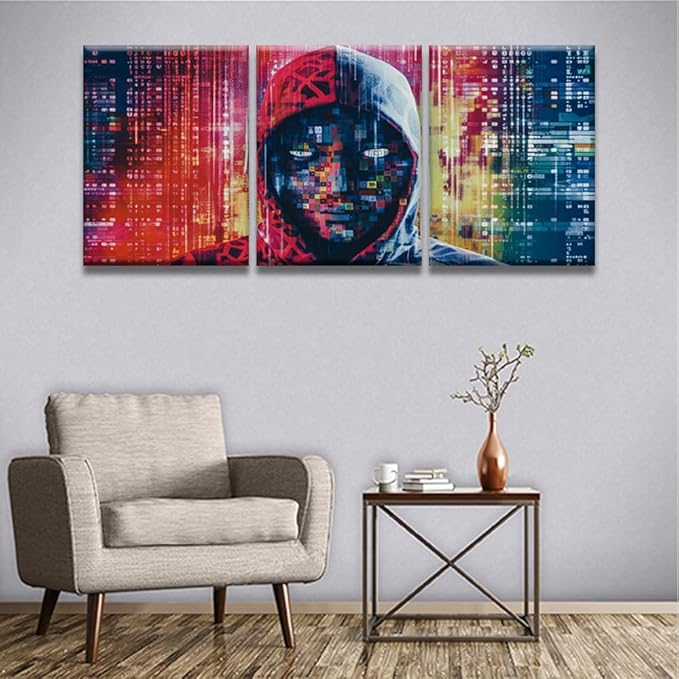 LSIUHWUWI 3 Panels AI Wall Art Hacker in Mask on Dark Background with Digital Effects Pictures Print On Canvas for Living Room Bedroom Wall Decoration, Stretched Framed Ready to Hang, 12x16inchx3